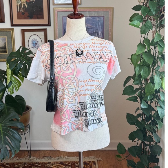 Tops - Y2K Norway Souvenir Baby Tee White Pink Graphic Rhinestone Indie Sleaze Top